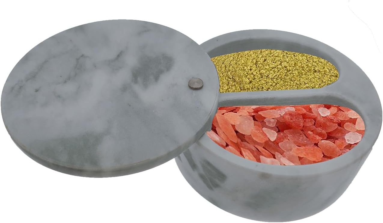 Marble Salt Cellar and Storage Box with Two Compartments Salt Box with Swivel Lid for Storing Spice (White)