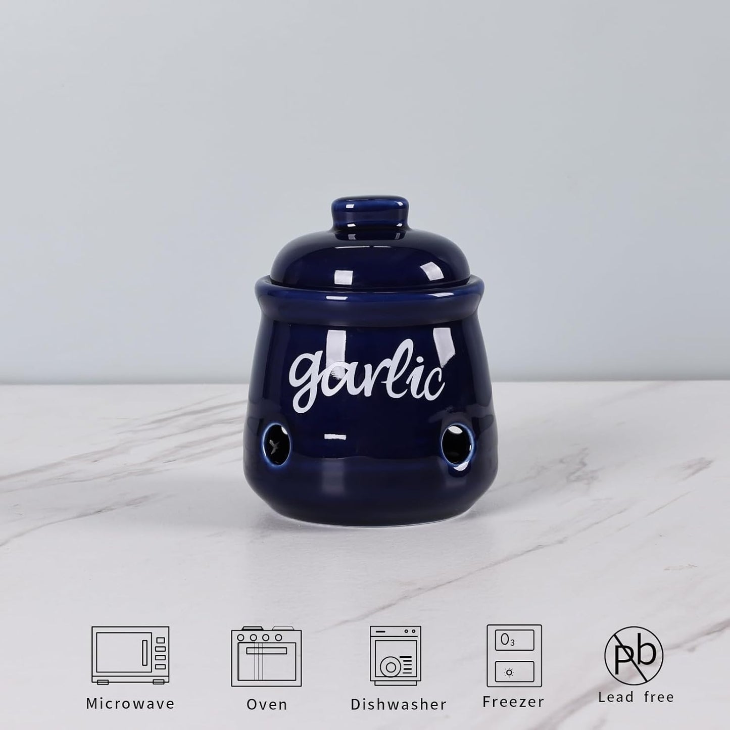 HAOTOP Garlic Keeper with Lid, Ceramic Mini Garlic Saver Container for Countertop, Farmhouse Kitchen Decor (Navy)