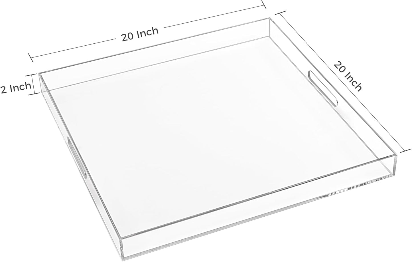 20×20 Inches Oversize Extra Large Sturdy Clear Acrylic Serving Tray King Size Decorative Big Ottoman Trays with Cut Out Handles Water Proof Bed Tray Coffee Counter Top Organizer