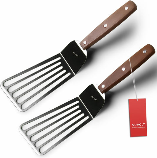 2 Pack Offset Fish Spatula Turner, Stainless Steel Slotted Spatulas for Flipping, Turning, Frying & Grilling, Offset Metal Slotted Spatulas, Wooden Full Tang Handle