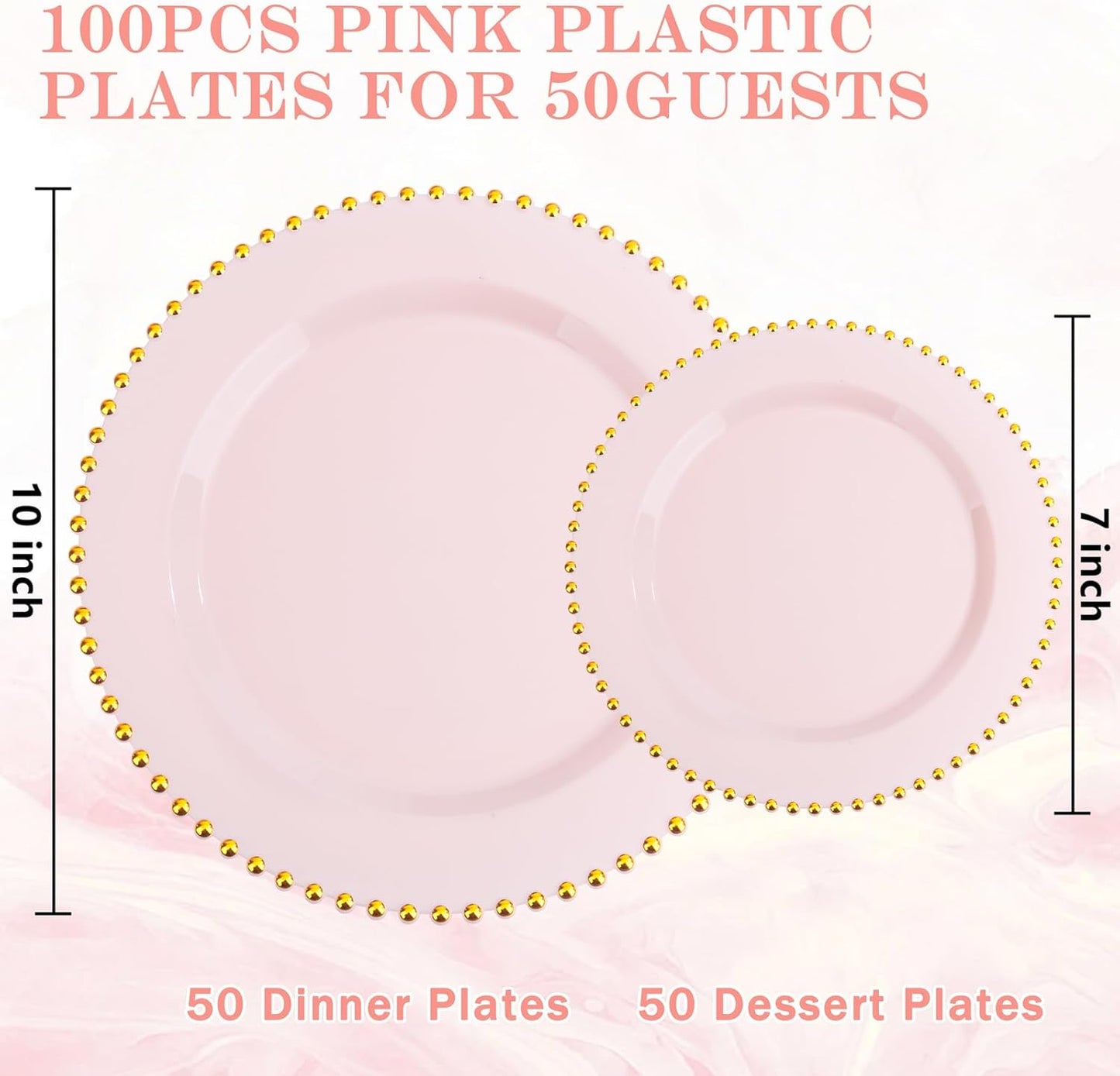 supernal 100pcs Pink Plastic Plates with Gold Beads Plates Disposable Heavy Duty Party Supplies Includes 10.25inch Dinner Plate and 7.5inch Dessert Disposable Plate for Party,Wedding,Bridal Showers