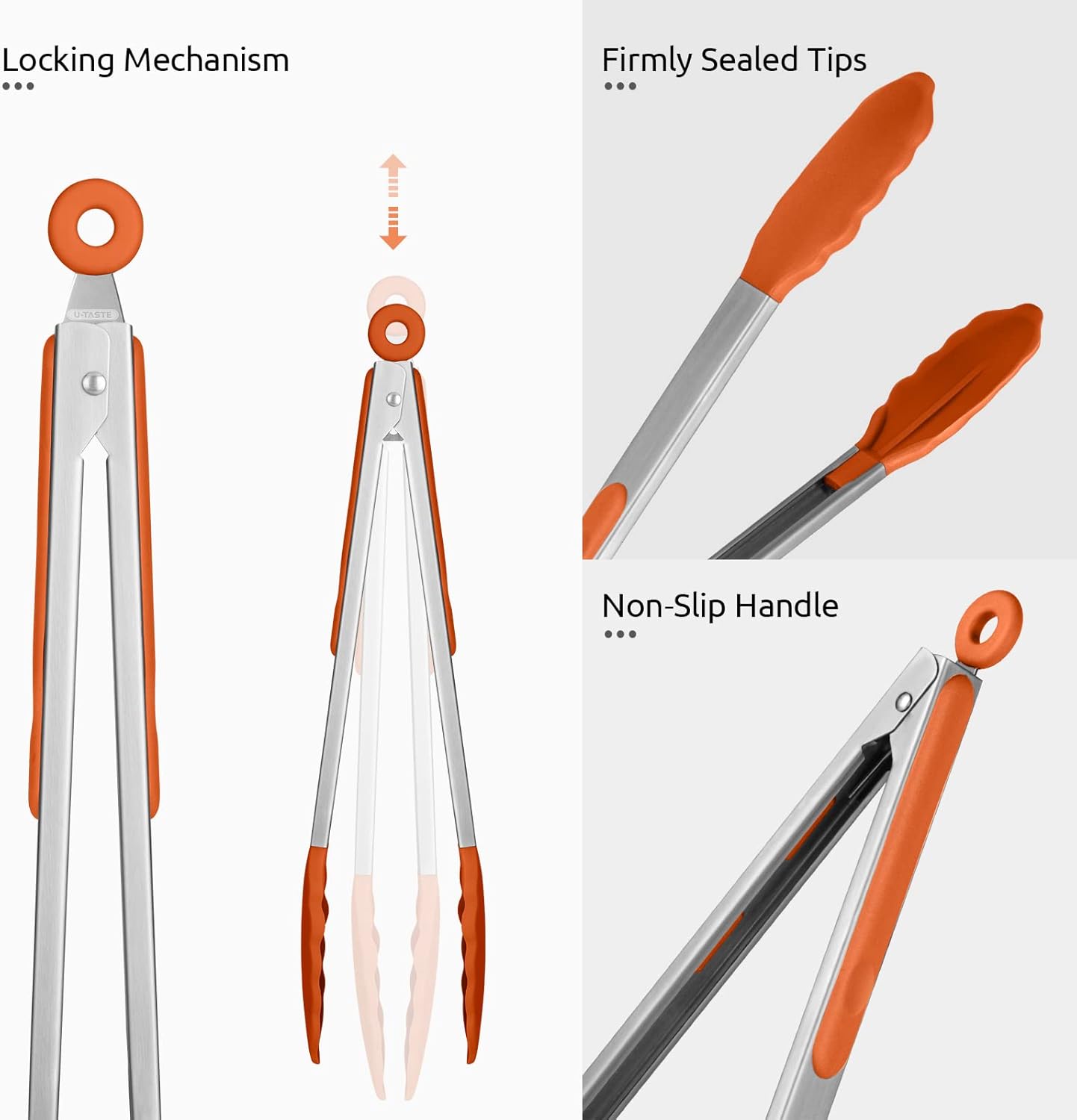 600ºF Heat Resistant Kitchen Tongs: U-Taste 9+12 inch Silicone Cooking Tong Set with Firm Sealed Non Stick Rubber Tips and Silicon Coated 18/8 Stainless Steel Handle for Serving Grilling Salad(Orange)