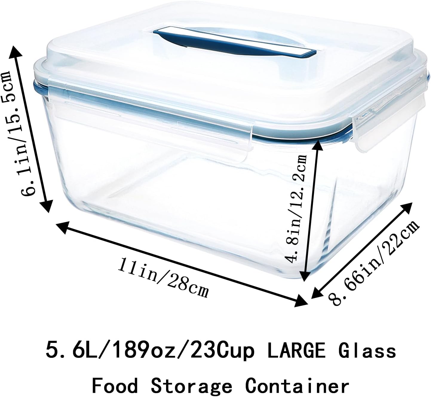 Large Glass Food Storage Container with Airtight Locking Lid ,Glass Food Storage Containers with Knife and Fork, 5600 ML / 189 oz /23 Cup - Storing Rotisserie Chicken, Food, Vegetables, Fruit