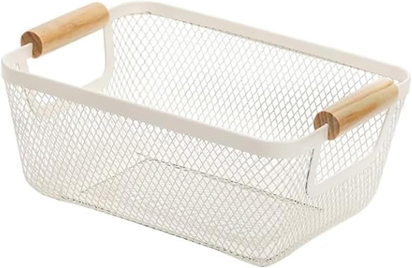 Metal Mesh Steel Basket, Small Wire Storage Organizer Basket Multi-function Hanging Kitchen Basket with Wood Handle for Kitchen Bathroom Picnic Home, Rectangle-Off White