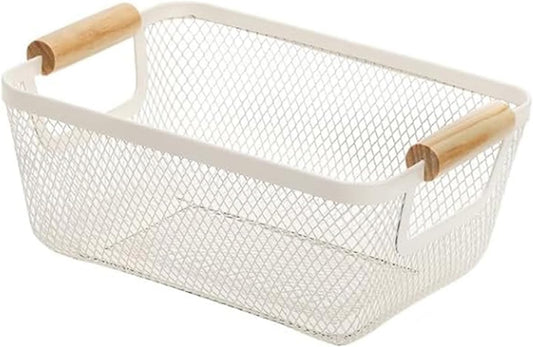Metal Mesh Steel Basket, Small Wire Storage Organizer Basket Multi-function Hanging Kitchen Basket with Wood Handle for Kitchen Bathroom Picnic Home, Rectangle-Off White