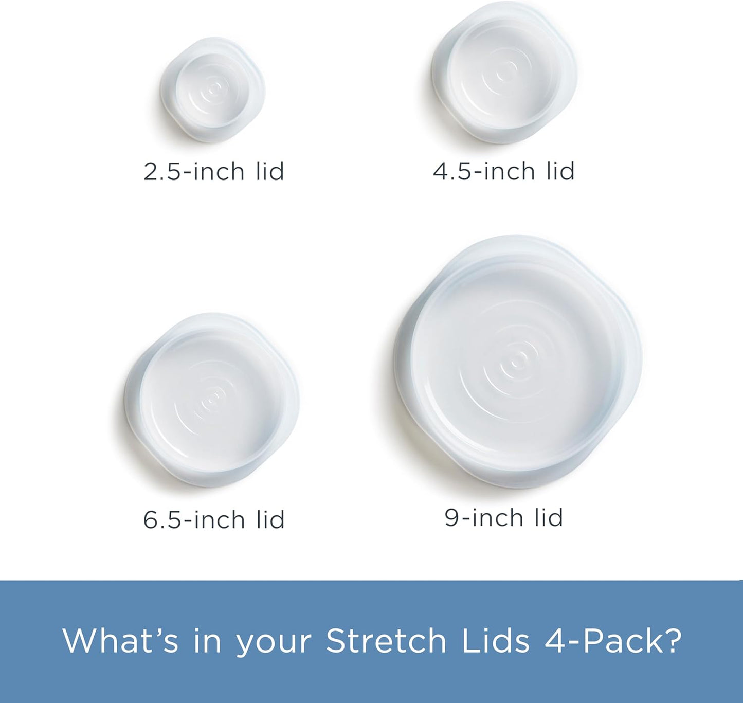 Stasher Premium Reusable Silicone Stretch Lids Variety 4-Pack, Clear, 9”, 6.5”, 4.5”, 2.5”, Airtight Seal, Food Container Covers, BPA Free, Leak-free, Dishwasher Safe, Microwave Safe, Eco-Friendly