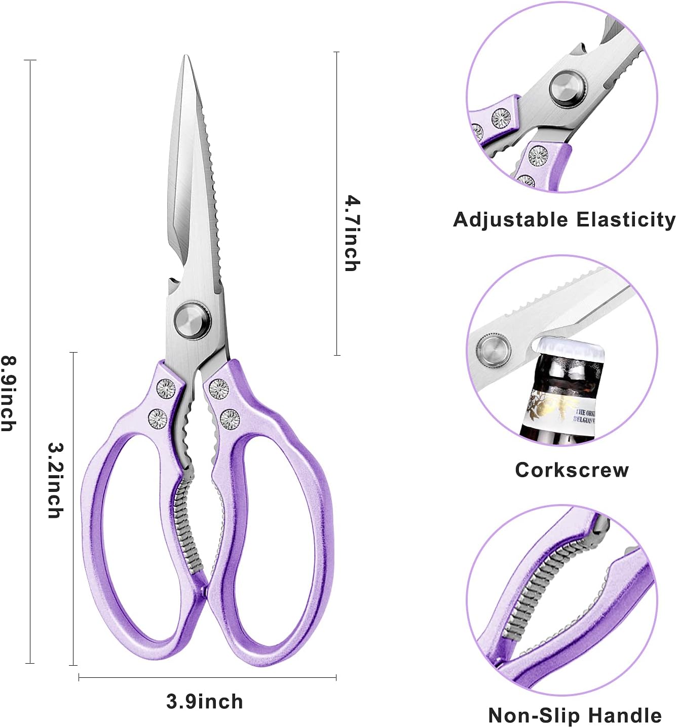 Heavy Duty Sharp Kitchen Scissors, Dishwasher Safe, Cooking Shears for Meat, Chicken, Fish, Poultry, Herb, Bread (Purple)