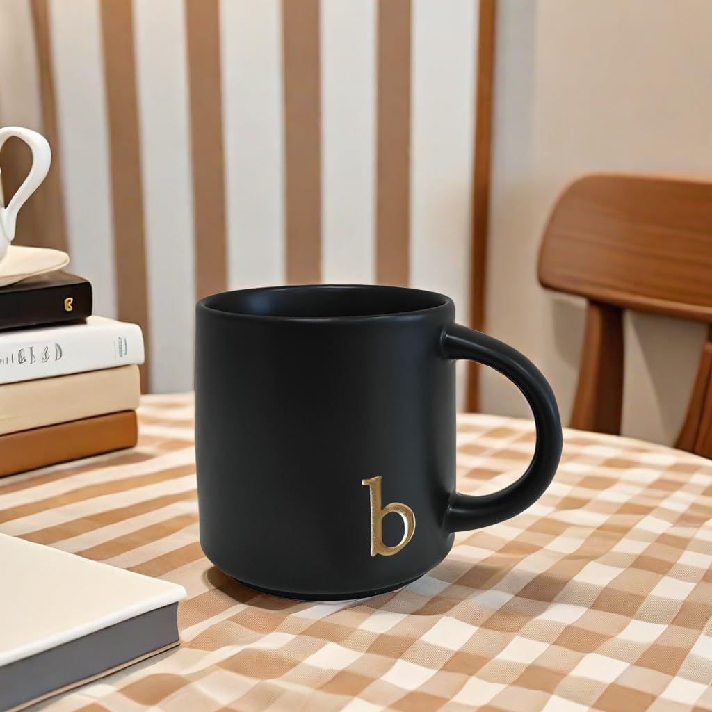 COLLECTIVE HOME - Black Monogram Ceramic Mugs, 15 oz Golden Initial Coffee Cups, Elegant Alphabet Tea Mugs, Personalized Halloween Mug with Gift Box, Perfect for Office and Home Décor (b)