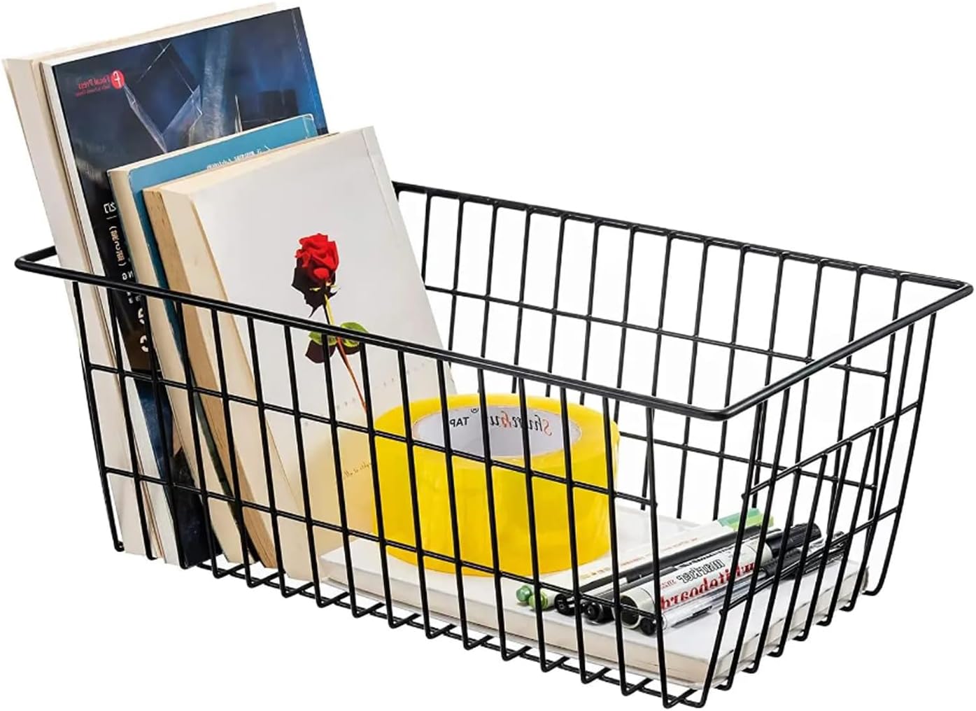 Redrubbit Wire Storage Baskets, Large Farmhouse Metal Freezer Basket Storage Organizer Bins with Handles for Kitchen Cabinets, Pantry, Closets, Bedrooms, Bathrooms, Set of 6, Black