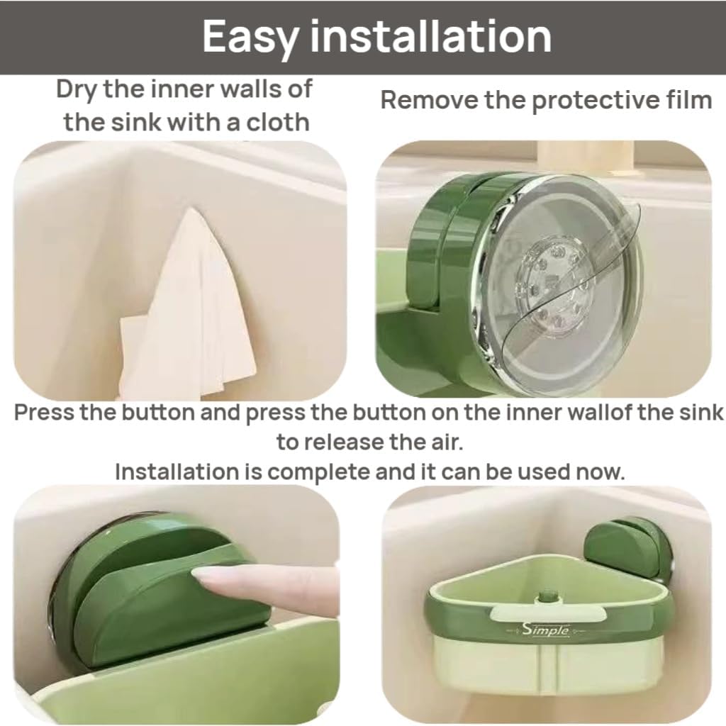 Corner Sink Strainer Basket with Suction Cups, Automatic Dumping Collapsible Food Drainer, Kitchen Sink Food Waste Catcher with Strong Hold Base (Olive green)