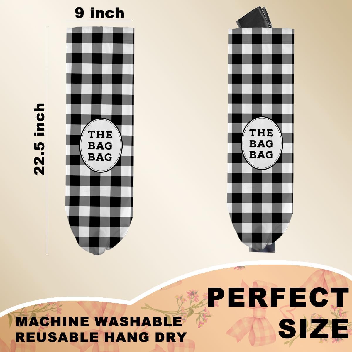 Black White Buffalo Check Plaid Plastic Bag Holder for Kitchen Essentials, Wall Mount Grocery Bag Holder for Plastic Bags, Minimalist Reusable Grocery Bags Storage Dispenser for Home Kitchen Farmhouse