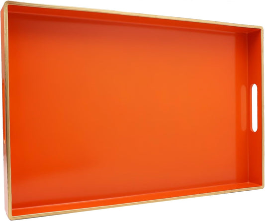 Spsyrine Orange Decorative Serving Tray with Handles, Elegant Plastic Coffee Table Tray for Ottoman, Living Room, Home Decor 15.6" X 10.2"