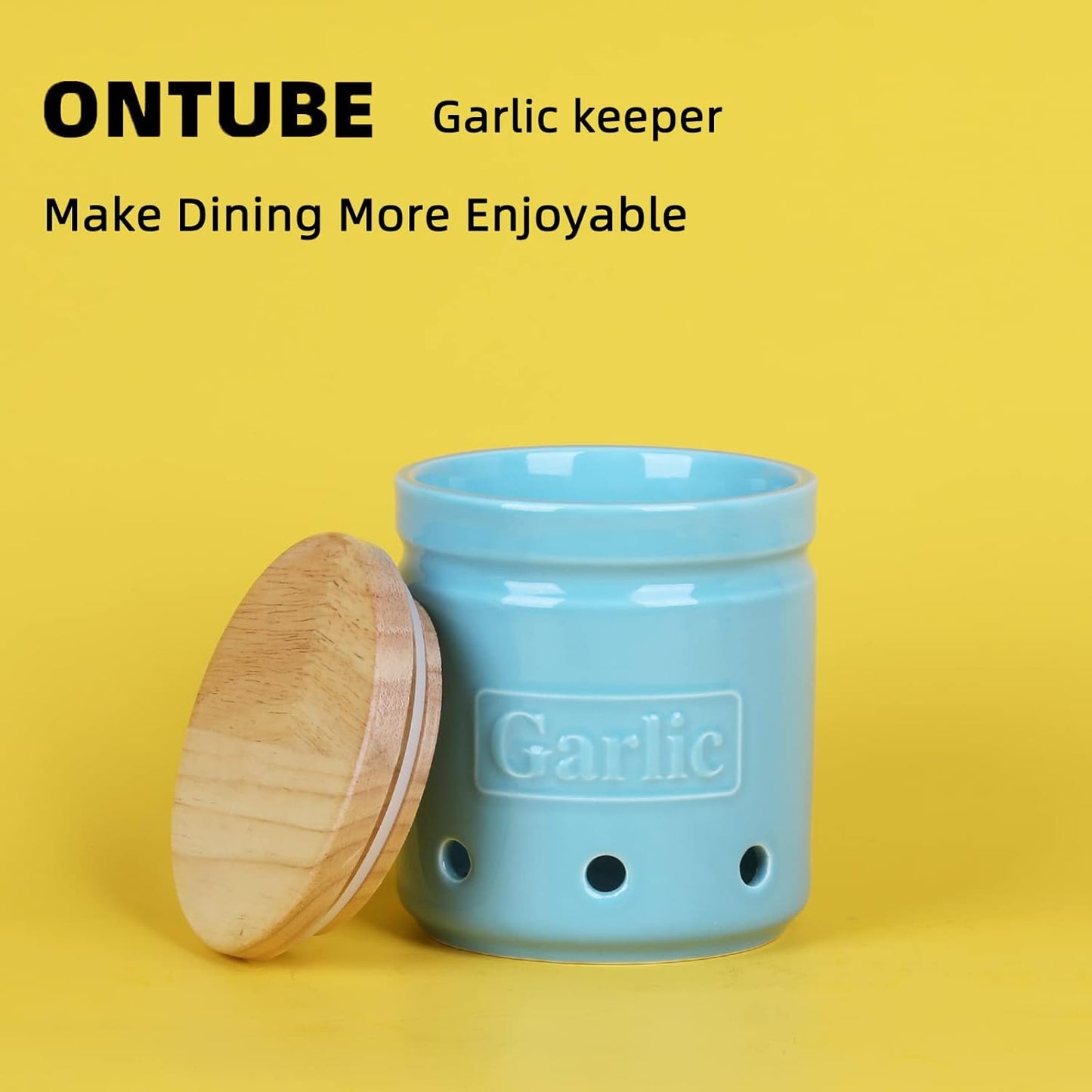 Large Garlic Keeper with Wooden Lid, Ceramic Garlic Holder Storage, Garlic Container for Kitchen, Garlic Saver to Keep Your Garlic Cloves Fresh Longer 4.5-Inch, Turquoise