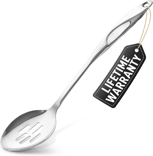 Zulay Kitchen Stainless Steel Slotted Spoon - Large Cooking Spoon - Durable Premium Stainless Steel with Comfortable, Ergonomic Handle - Easy to Clean - Perfect for At Home Cooking & Buffets - 15”