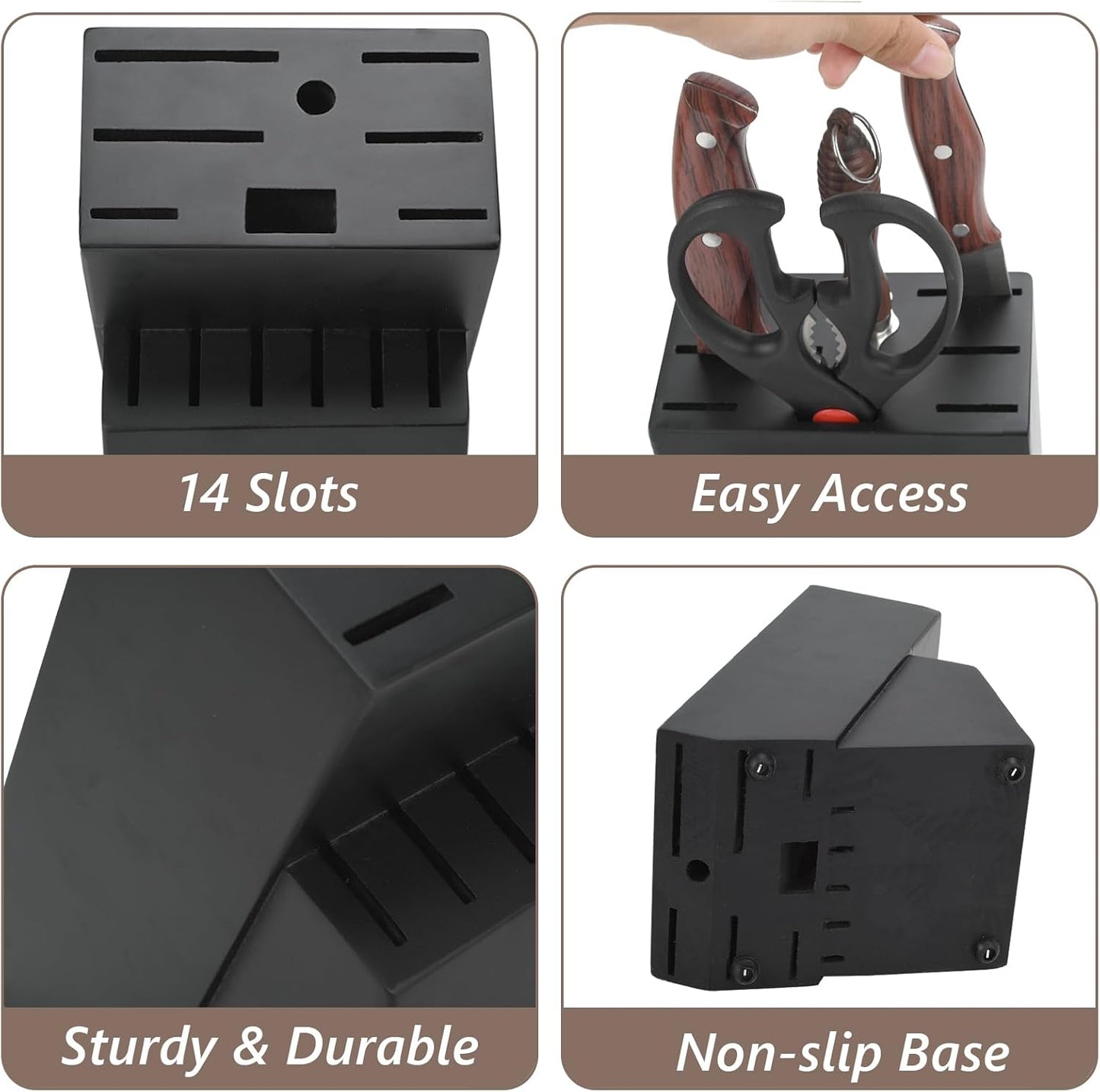 Wood Kitchen Knife Block, Universal Kitchen Knife Holder Kitchen Knife Storage Rack 14 Slots Knife Holder (Black)