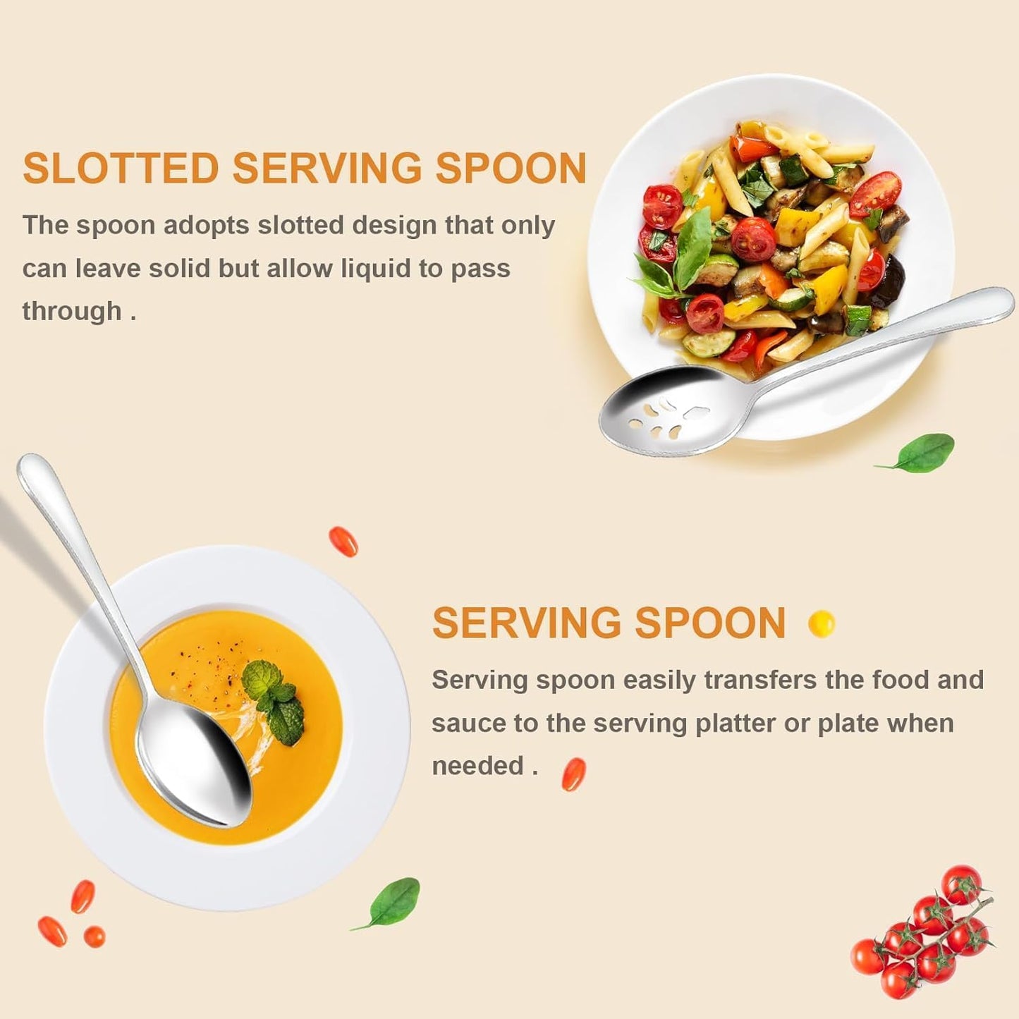 BEWOS 16-Piece Serving Utensils Set, 8 Spoons & 8 Slotted Spoons, 9.1-Inch, Stainless Steel, Dishwasher Safe, Perfect for Parties & Buffets