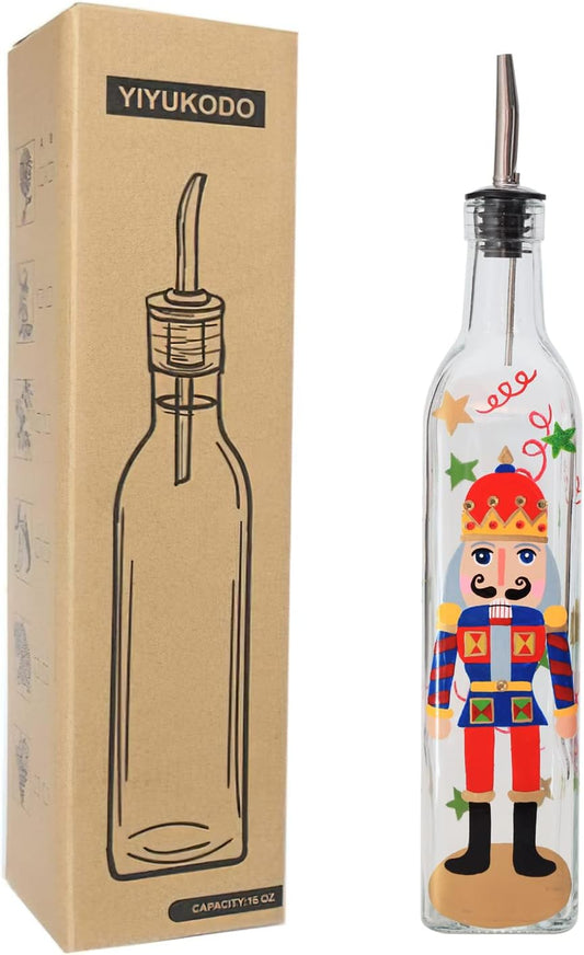 17oz Hand Painted Glass Olive Oil Bottle - 500ml Green Oil & Vinegar Cruet with Pourers and Funnel - Olive Oil Carafe Decanter for Kitchen (The Nutcracker)