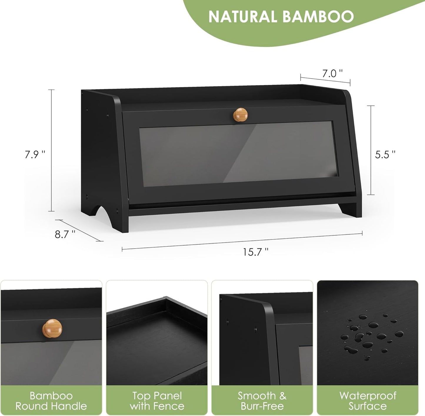 Bread Box for Kitchen Countertop, Large Bread Container Storage, Wooden Farmhouse Bread Box with Window Bread Holder (Black)