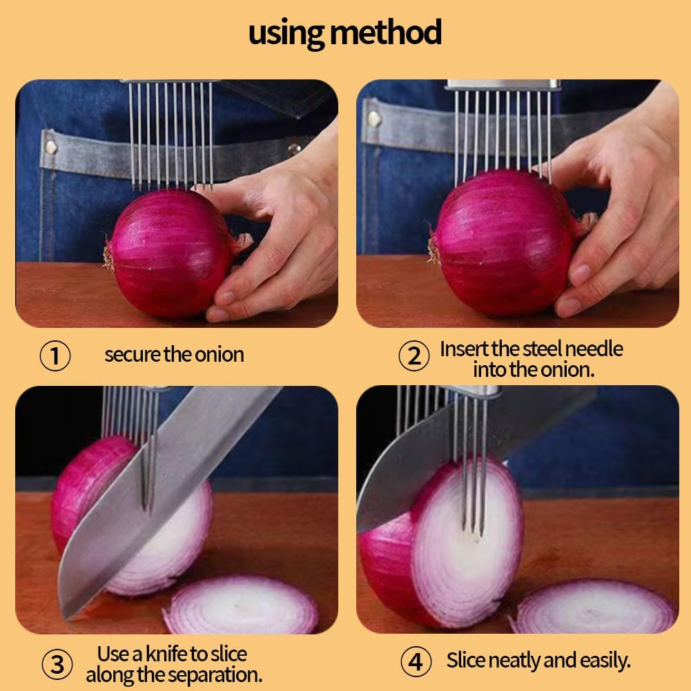 Onion Holder for Slicing, Stainless Steel Onion Slicer and Chopper, Lemon Slicer Vegetable Cutter Kitchen Tool, Food Slicing Assistant for Meat, Tomato, Potato, Lemon (1 Pack)