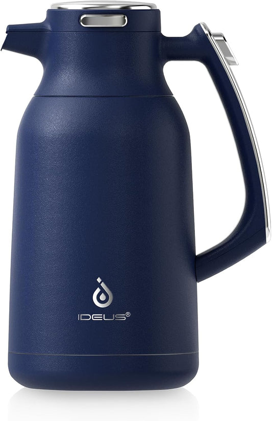 IDEUS Thermal Coffee Carafe 68oz (2,000ml), Stainless Steel Double Wall Insulated Vacuum Flask, Water Jug Coffee Server and Beverage Dispenser, Heat and Cold Retention (Navy Blue, 68oz (2,000ml))