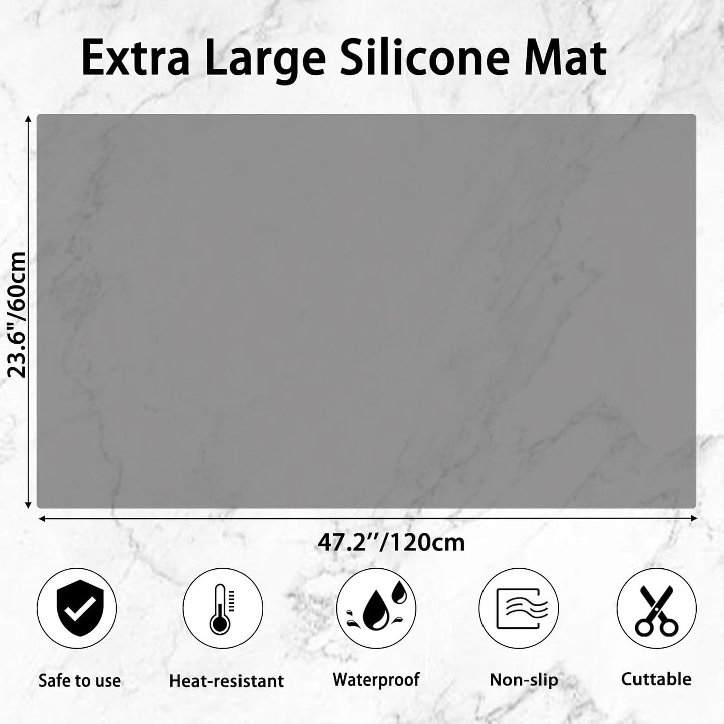 2MM Thick Large Silicone Mat, 47.2"x23.6"(120cmx60cm) Silicone Mats for Kitchen Counter, Heat Resistant Mat, Non-Slip Kitchen Counter Mat, Waterproof Countertop Protector for Craft, Translucent Gray