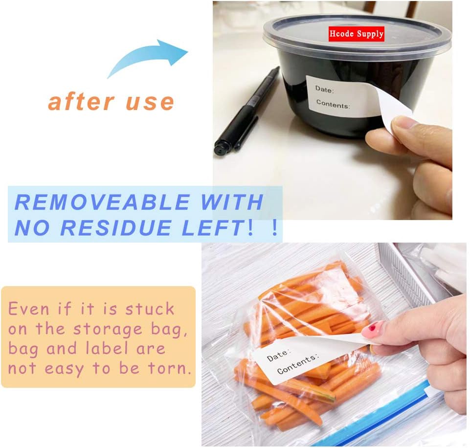 Hcode 1 x 3'' Self-Adhesive Removable Freezer Food Storage Labels - Easy Clean Leaves No Residue - Meal Prep Labels Plastic Paper Sticker Perfect for Reusable Containers 2 Roll