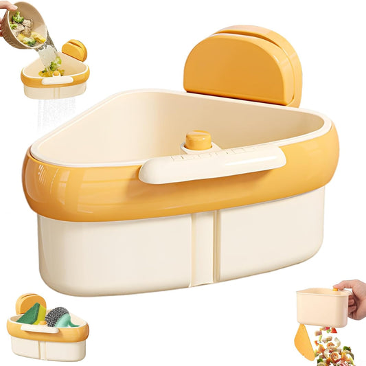 Sink Strainer Basket, 2025 New Upgraded Suction Cup Sink Corner Rack, Triangle Suction Cup Press Sink Drainer Basket, Automatic Dumping Corner Sink Trash Catcher for Kitchen Bathroom (Yellow)