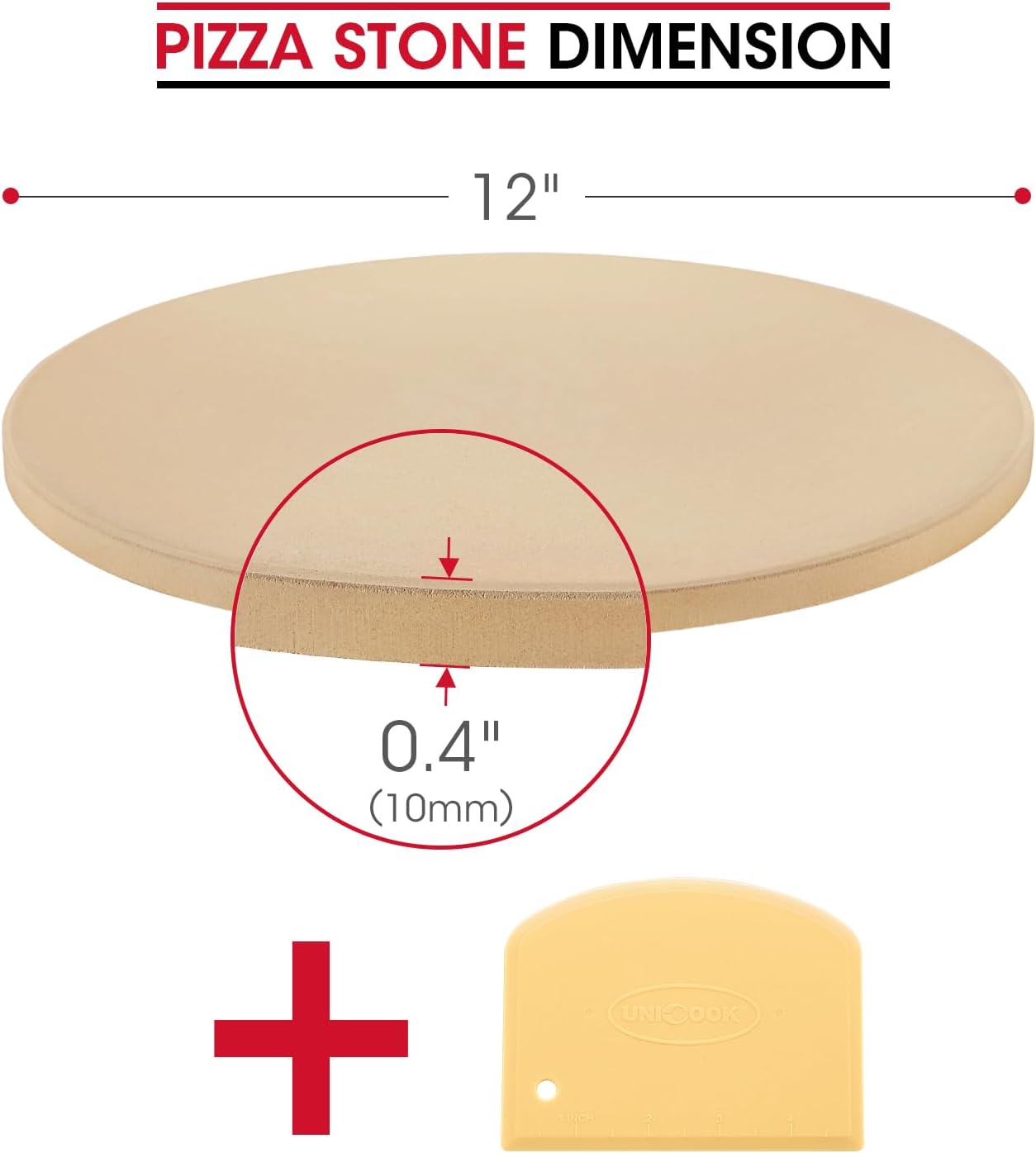 Unicook Round Pizza Stone 12 Inch, Cordierite Bread Baking Stone for Oven and Grill, Thermal Shock Resistant, Including Dough Scraper