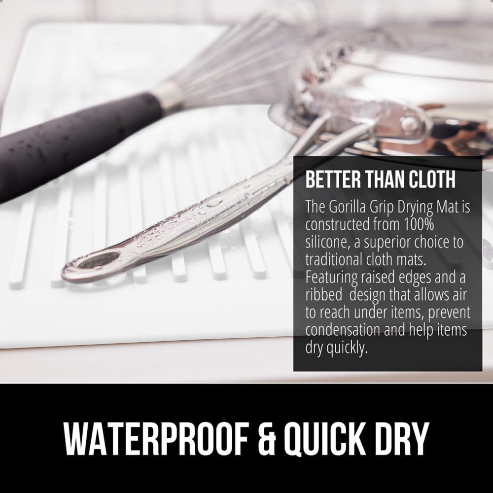 GORILLA GRIP 100% BPA-Free Patented Silicone Dish Drying Mat for Kitchen Counter, 18x24 Inch, Water Catching Ribbed Design, Easy Clean Waterproof Sink Liner, Heat Resistant, Fits Under Rack, White