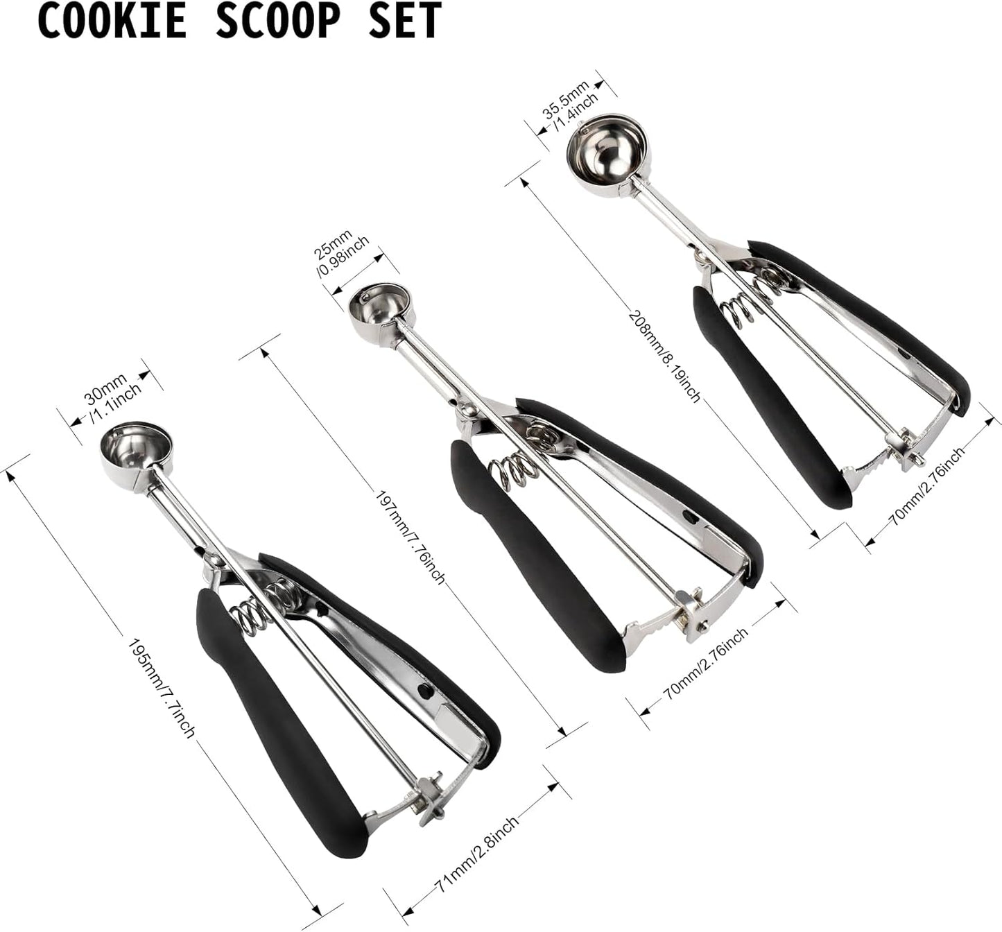 Small Cookie Scoop Set - 3 PCS Include 1 tsp / 2 tsp / 3tsp Cookie Dough Scoops, Cookies Scoops for Baking, Made of 18/8 Stainless Steel, Good Soft Grips, Quick Trigger Release