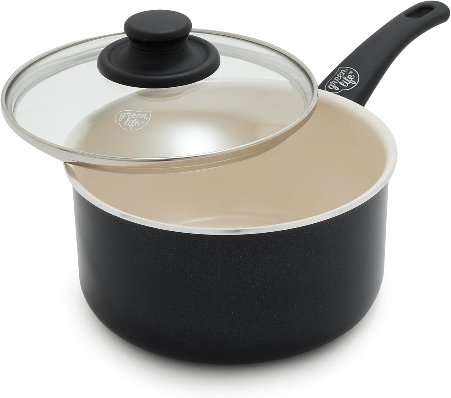 GreenLife 2 Quart Ceramic Nonstick Saucepan with Lid, PFAS-Free, Stay-Cool Handle, Multipurpose Kitchen Cooking Pot, Dishwasher & Oven Safe, Black