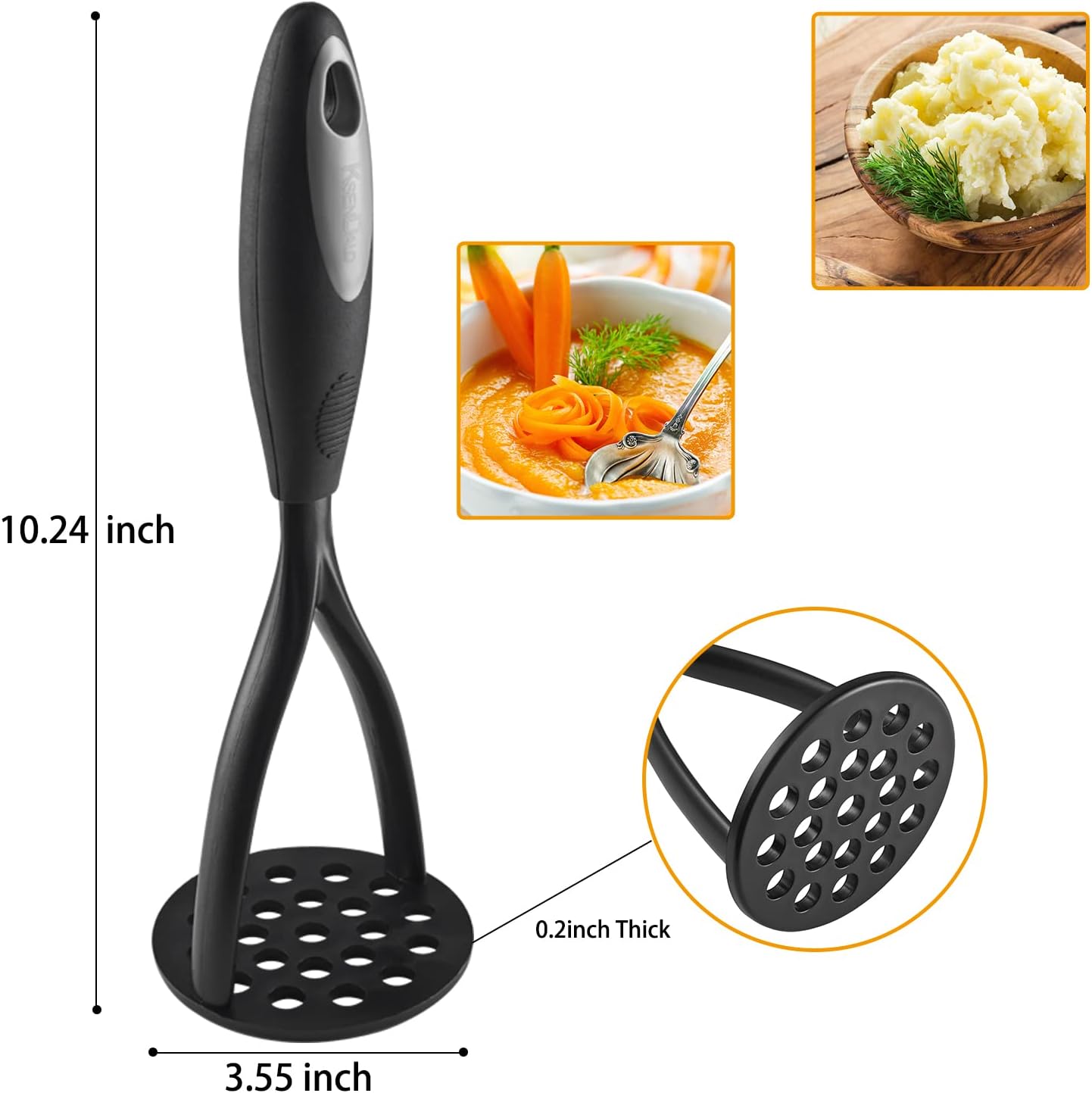 KSENDALO Nylon Potato Masher Set of 2, Thick Nonstick Food Masher Comfortable Rubber Wrapped Handle European Imported Nylon Blade, Black