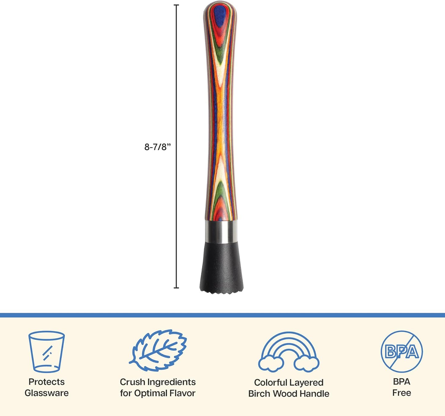 Baltique Marrakesh Collection Wooden Muddler for Cocktails – Colorful Birch Wood Handle with Non-Scratch Head, Perfect for Mojitos, Old Fashioneds & Home Bartending