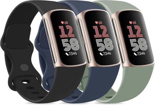 3 Pack Bands for Fitbit Charge 6 / Charge 5 Bands Women Men, Soft Silicone Waterproof Adjustable Wristband Replacement Sport Straps for Fitbit Charge 5 / Charge 6 Fitness Tracker