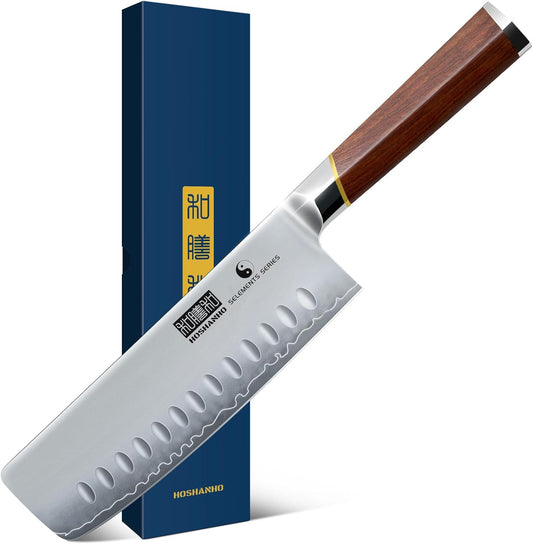 Nakiri Knife 7 Inch, Hand Forged Japanese Super Steel Chef Knife, Multipurpose Meat and Vegetable Kitchen Knife with Red Sandal Wooden Handle & Gift Box