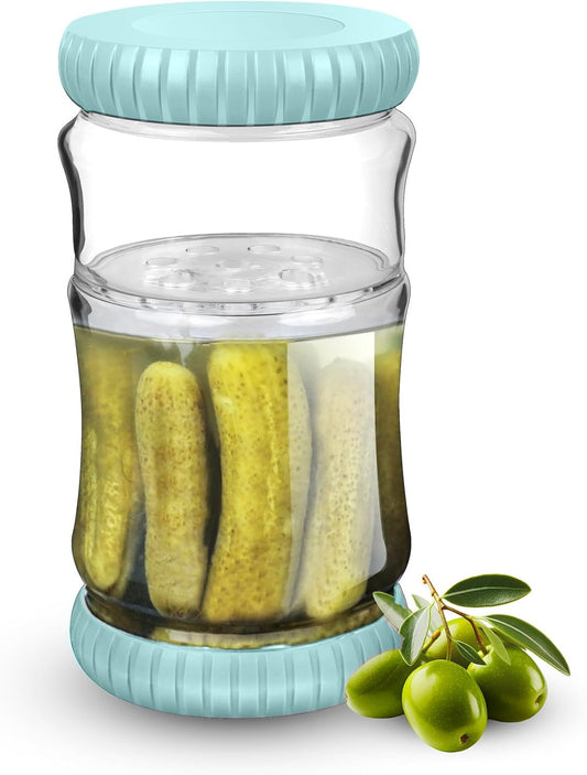 40oz Glass Pickle Jar with Strainer Flip - Pickle Storage Container with Airtight Lid, BPA-Free, Dishwasher Safe, Fermentation Hourglass Jar for Kimchi, Olives, Jalapeno, Gherkins (Blue)