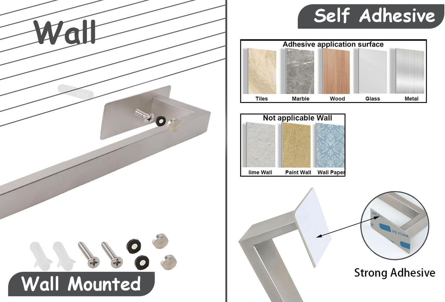 Bathroom Towel Bar Self Adhesive, No Drilling Towel Rack Easy to Install, Hand Towel Holder Made of Premium Stainless Steel Sticky on Hand Towel Hanger for Kitchen, Toilet.(16IN, Brushed)