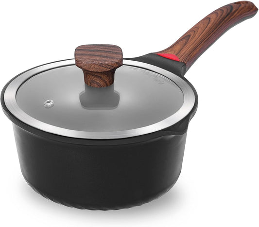 VINCHEF Nonstick Saucepan with Lid, 3QT Sauce Pan with Stay Cool Handle, Non Stick Small Cooking Pots Induction pot, Dishwasher Safe, Compatible for All Stove Top, PFAS and PFOA Free Black