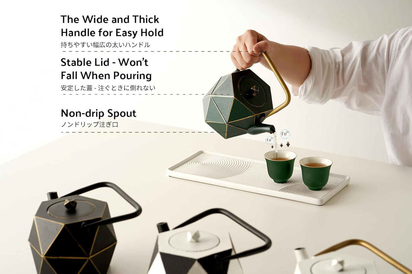 Toptier Cast Iron Teapot, Stovetop Safe Japanese Cast Iron Tea Kettle, Diamond Design Tea Pot with Removable Infuser for Loose Tea, 30 Ounce (900 ml), Dark Green