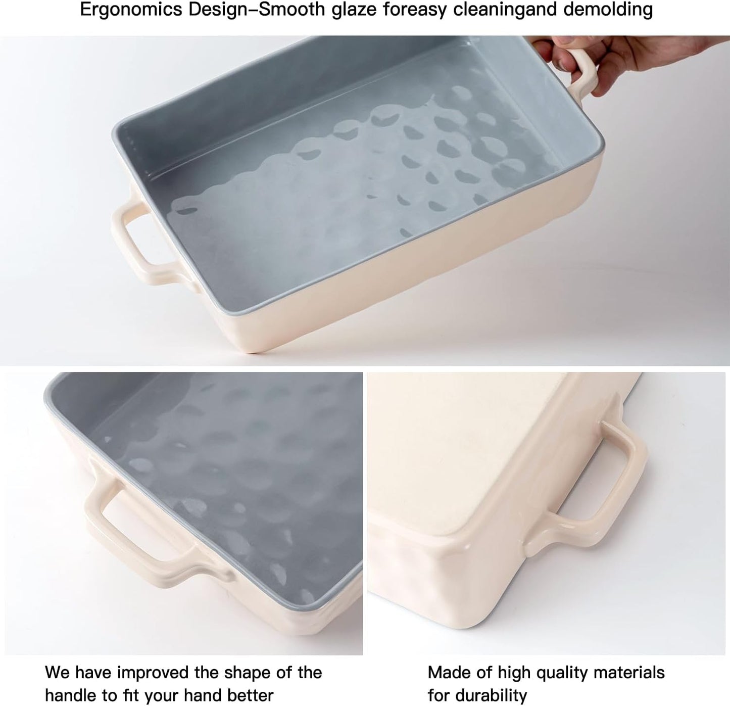 Fun elements 4.3-Quart Ceramic Baking Pan, 9 x 13-Inch Rectangular Baking Pan with Handles for Casseroles, Cakes, Lasagna Dish, Makes a Great Thanksgiving Christmas Gift (Grey)