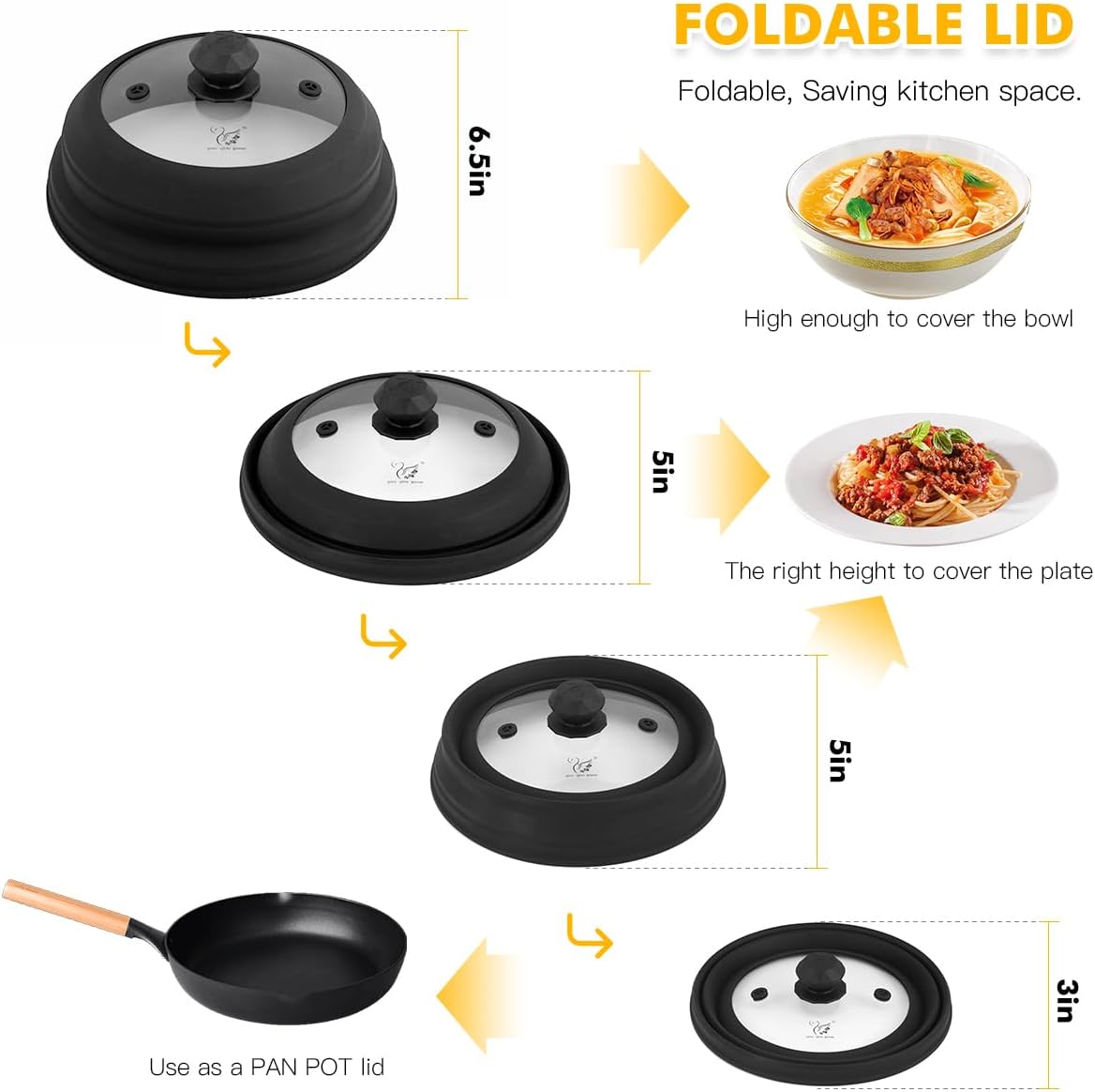 Microwave Splatter Cover Vented Glass Splatter Guard Lid with Collapsible Silicone for Food as Pot Cover 11.8 inch Large Plate for 6 7 8 9 10 11 inch Plate Bowl Black