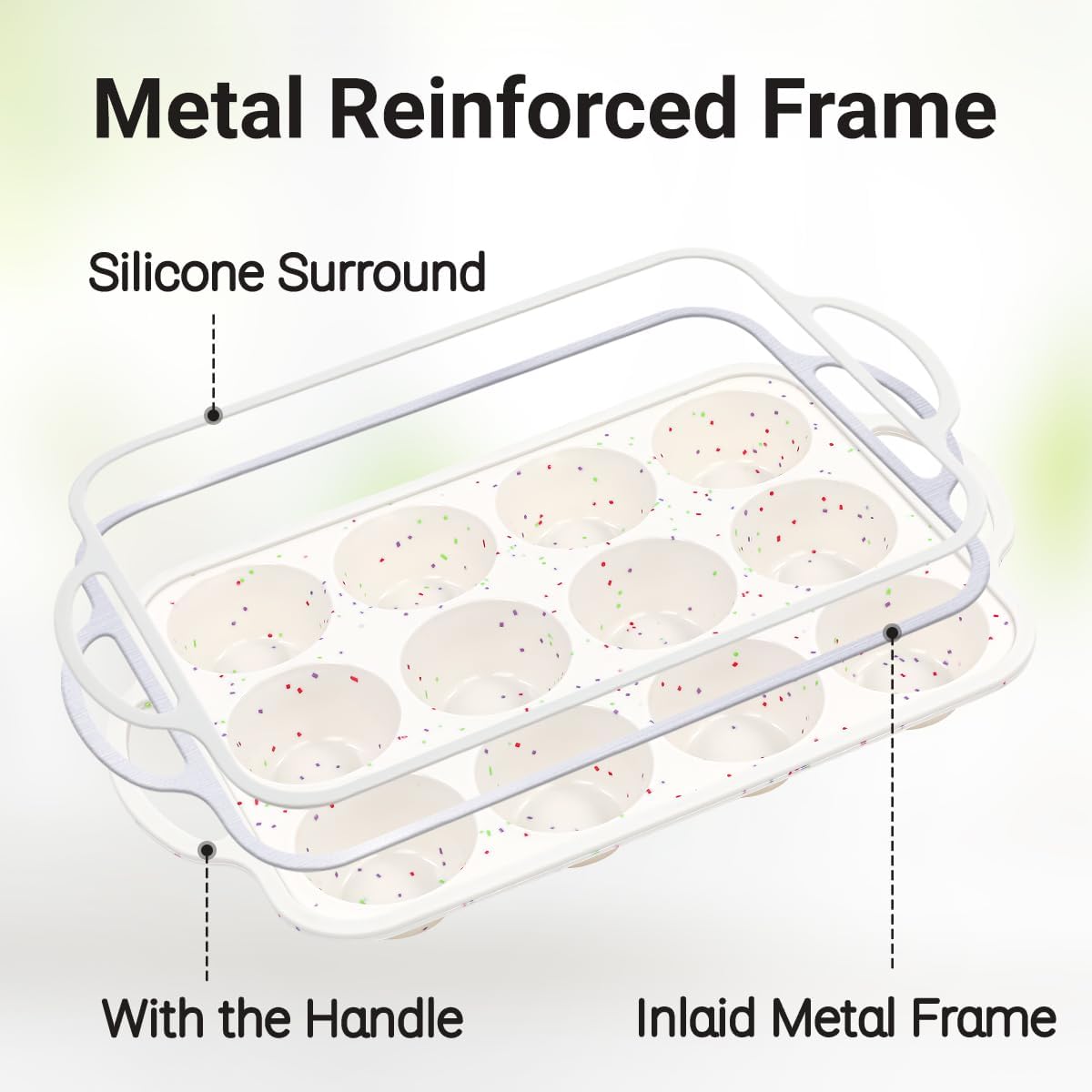 FUNBAKY Silicone Muffin Pan with Metal Frame, Nonstick 12 Cups Regular Size Silicone Muffin Tin for Oven Baking Easy to Move with Handle BPA Free