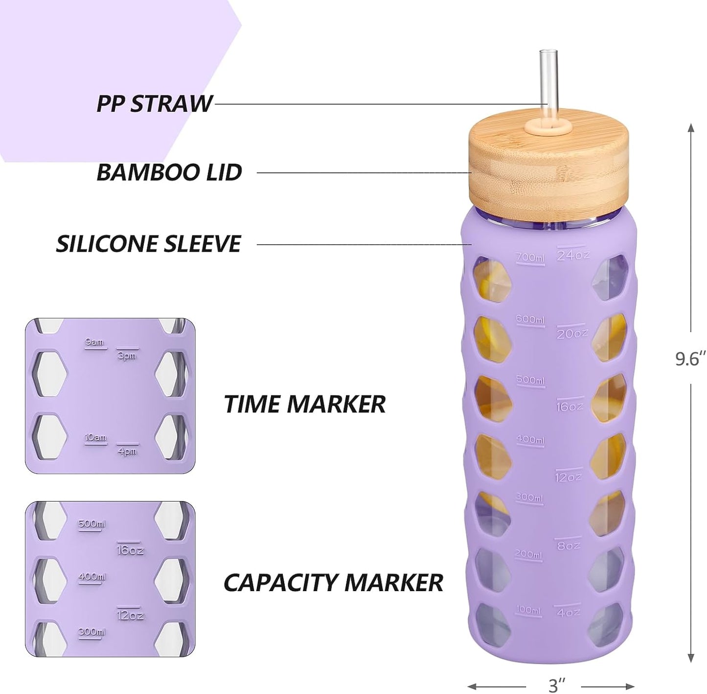 MUKOKO Glass Water Bottles, 24oz Glass Tumbler with Straw, Drinking Bottles with 2 Lids-Handle Spout Lid&Bamboo Straw Lid, Motivational Water Bottle with Time Marker and Silicone Sleeve, 1 Pack-Purple