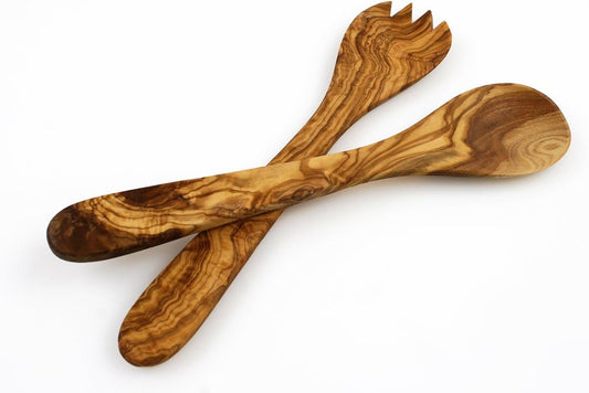 Tramanto Olive Wood Salad Server Set - 12 Inch Wooden Tongs - Rustic French Style