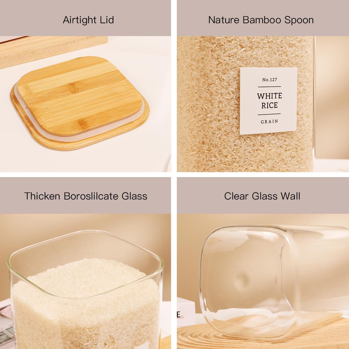 2 Pack large Square Glass Flour and Sugar Containers with 132 Kitchen Pantry Labels - 149 floz & 71 floz - Glass Jars with Airtight Bamboo Lid - Glass Rice Canisters for Coffee, Pasta, Cookie, Cereal