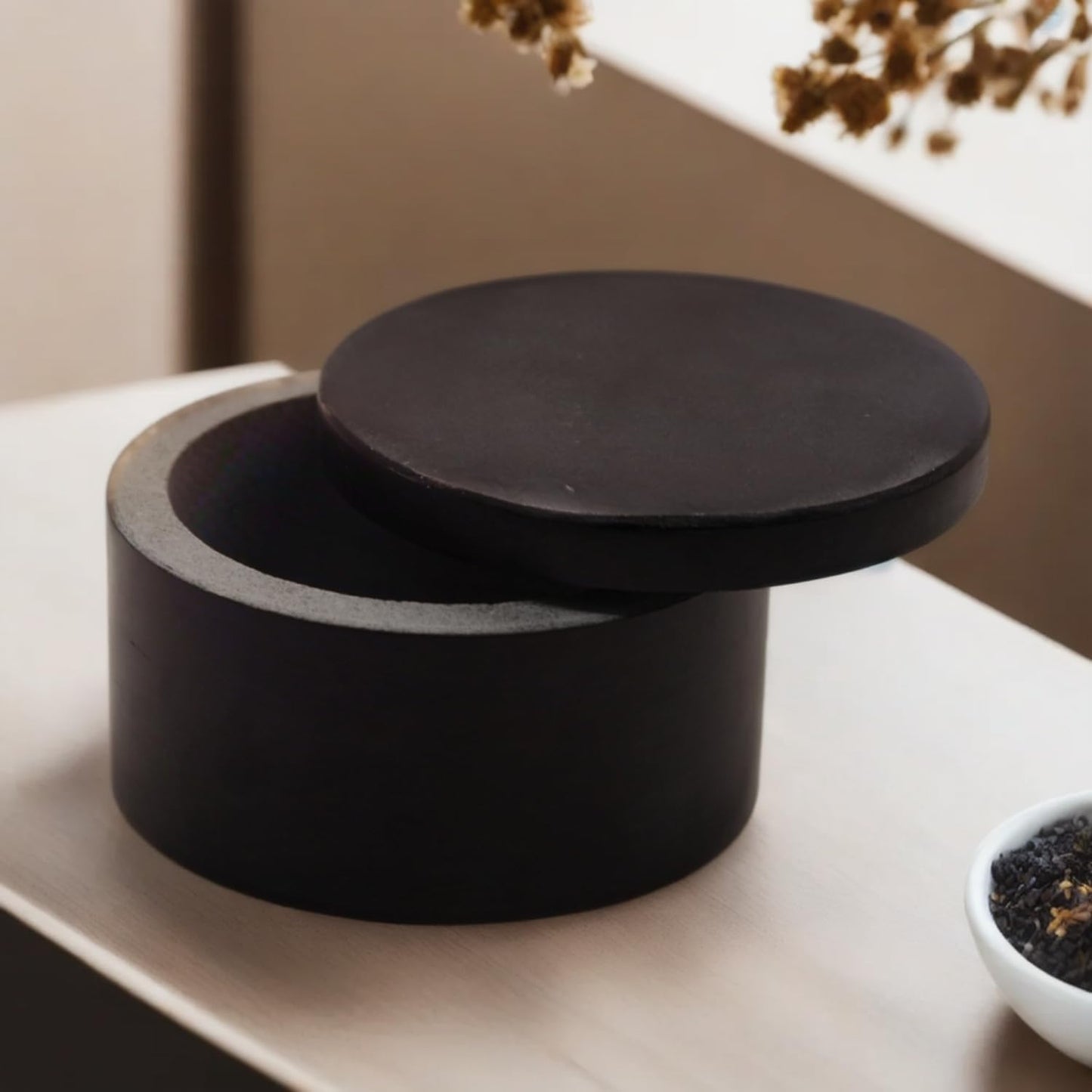 Unique Salt and Pepper Box Elegant Round Marble Black Salt Box With Lid For Salt, Spice and Herbs Storage. Perfect Container To Store (3.5 X 3.5 X 2 INCH)