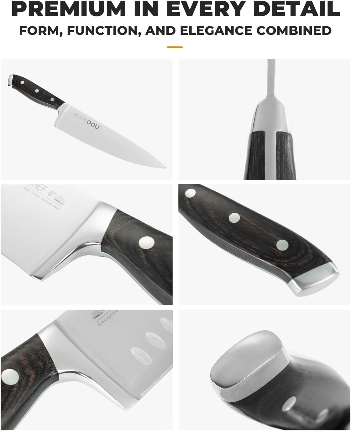 OOU 15-Piece Kitchen Knife Set with Block, German Stainless Steel Knife Blcok Set with Sharpening Rod, Ergonomic Wood Handle, Premium Cutlery Set with Steak Knives