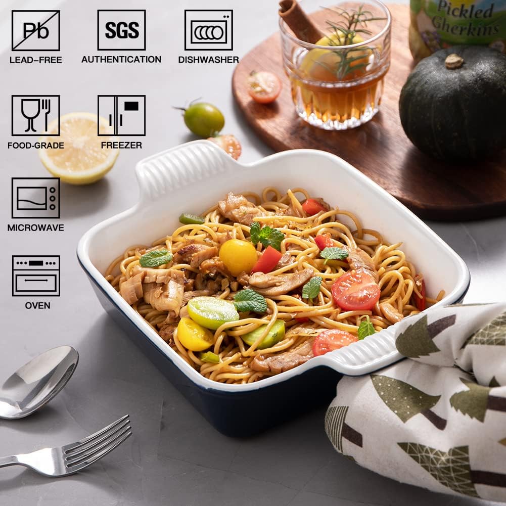 Sweejar Ceramic Baking Dish, 8 x 8 Cake Baking Pan for Brownie, Porcelain Square Bakeware with Double Handle for Casserole, Lasagna, Family Dinner (Navy)