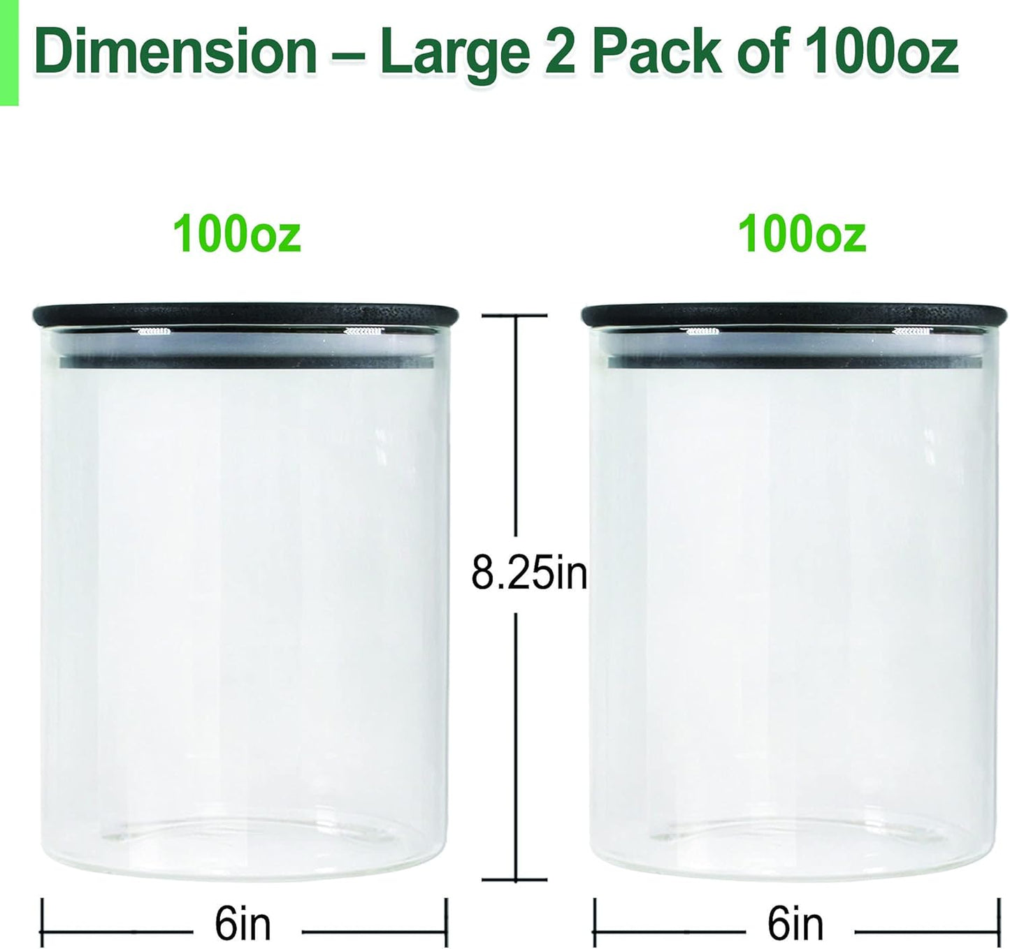 Urban Green Glass Jars with Black Lids, Glass Food Storage Canister with black lids, Pantry Flour Jars, Large Size Food Storage Containers set (2 Sets of 100oz)