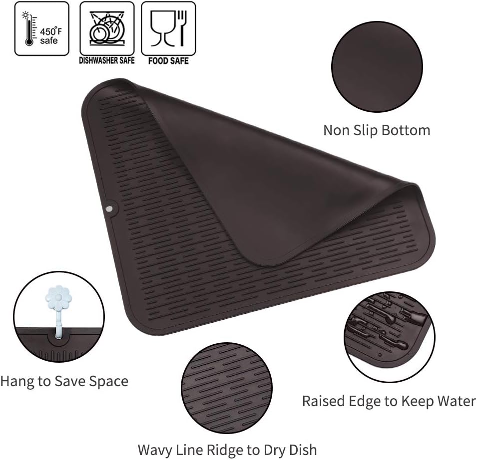 Silicone Dish Drying Mat for Multiple Usage,Easy clean,Eco-friendly,Heat-resistant Silicone Mat for Kitchen Counter or Sink,Refrigerator or Drawer Liner Coffee 2XL 24 inches x 18 inches